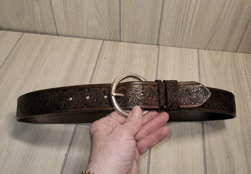 Vintage Western Hand Tooled Brown Leather Belt Full Grain Womens Size L